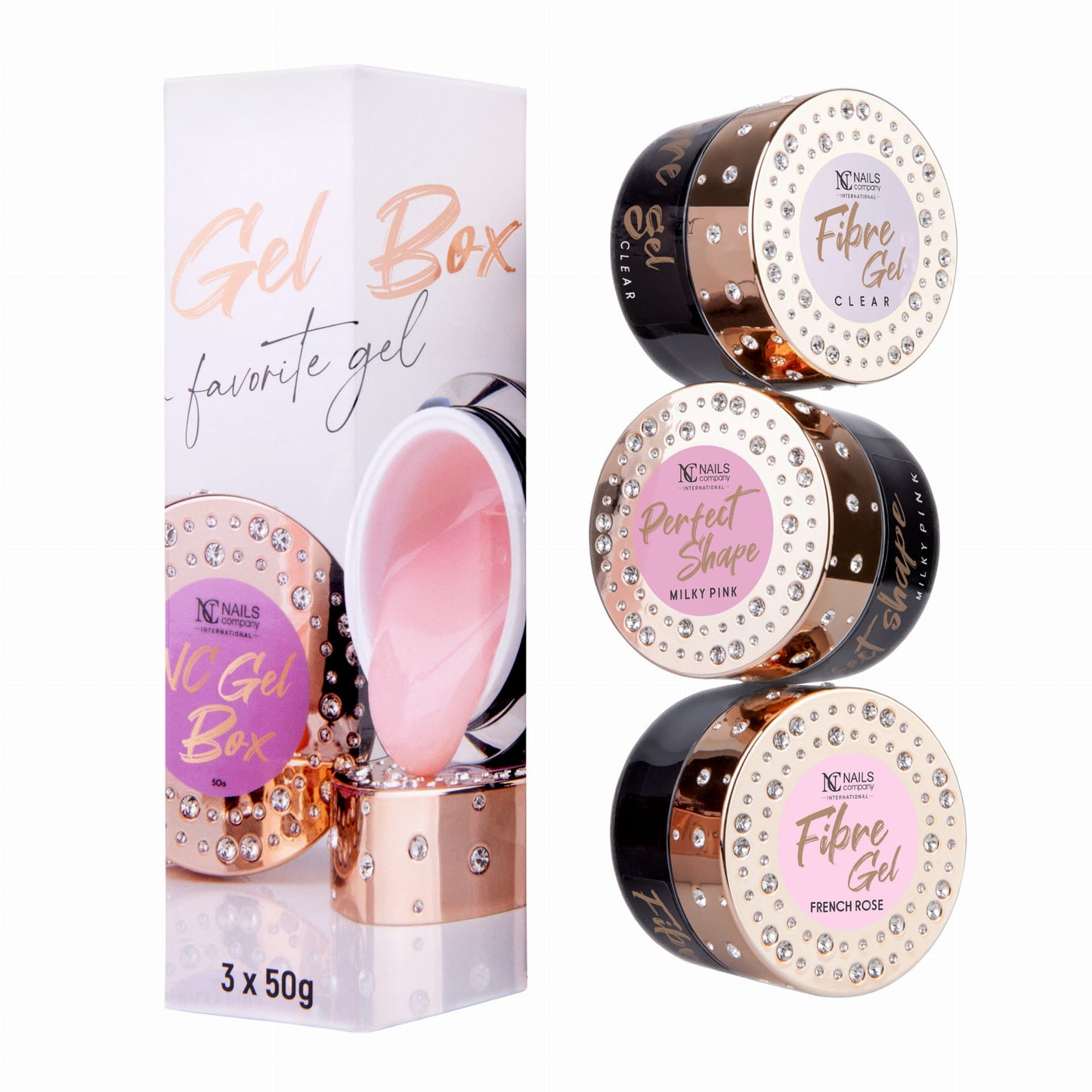 UV Gel Set  |  Lux Box | Fibre Gel -French 50g , Perfect Shape - Milky Pink 50g, Fibre Gel-Clear 50g